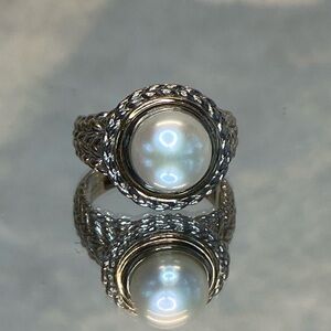 Vintage Genuine Pearl set in Sterling Silver W 14K Gold Trim Ring Signed AV sz 8